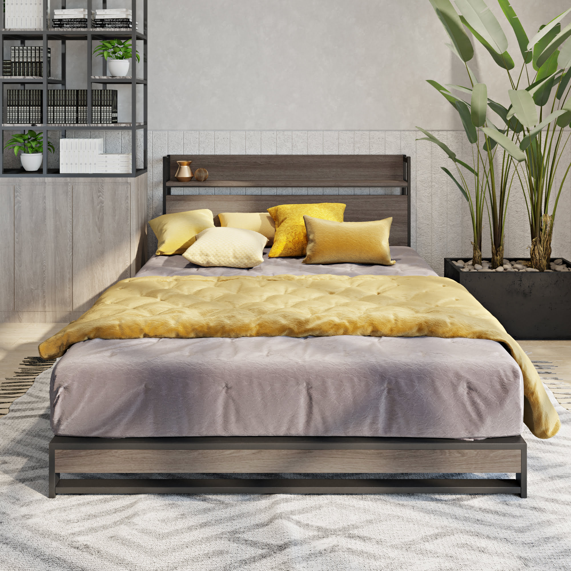 Queen Size Platform Bed With Socket, Fast Assemble Design