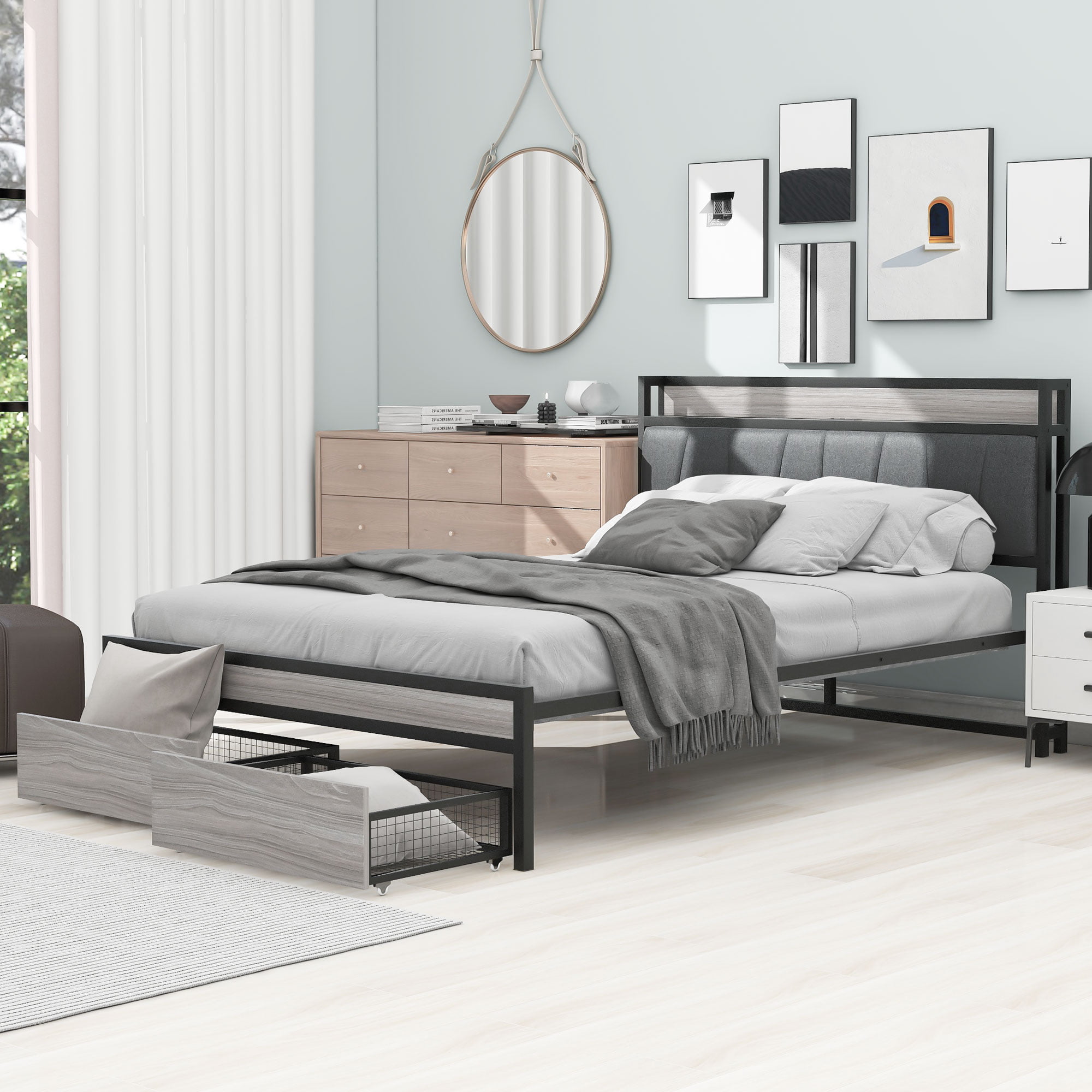 Full Size Metal Platform Bed Frame With 2 Drawers, Upholstered Headboard Sockets, USB Ports And Slat Support
