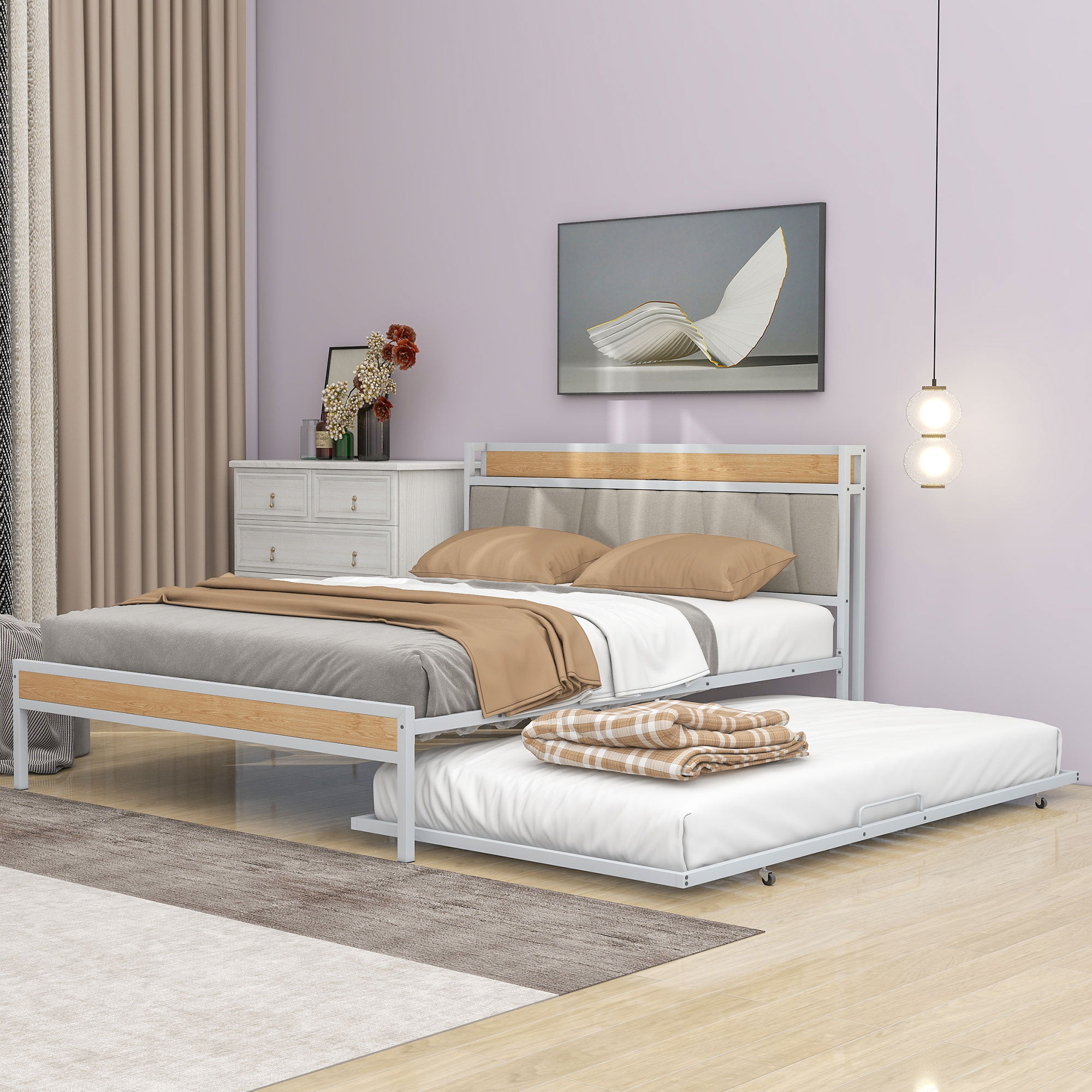 Queen Size Metal Platform Bed Frame With Twin Size Trundle, Upholstered Headboard Sockets, USB Ports And Slat Support