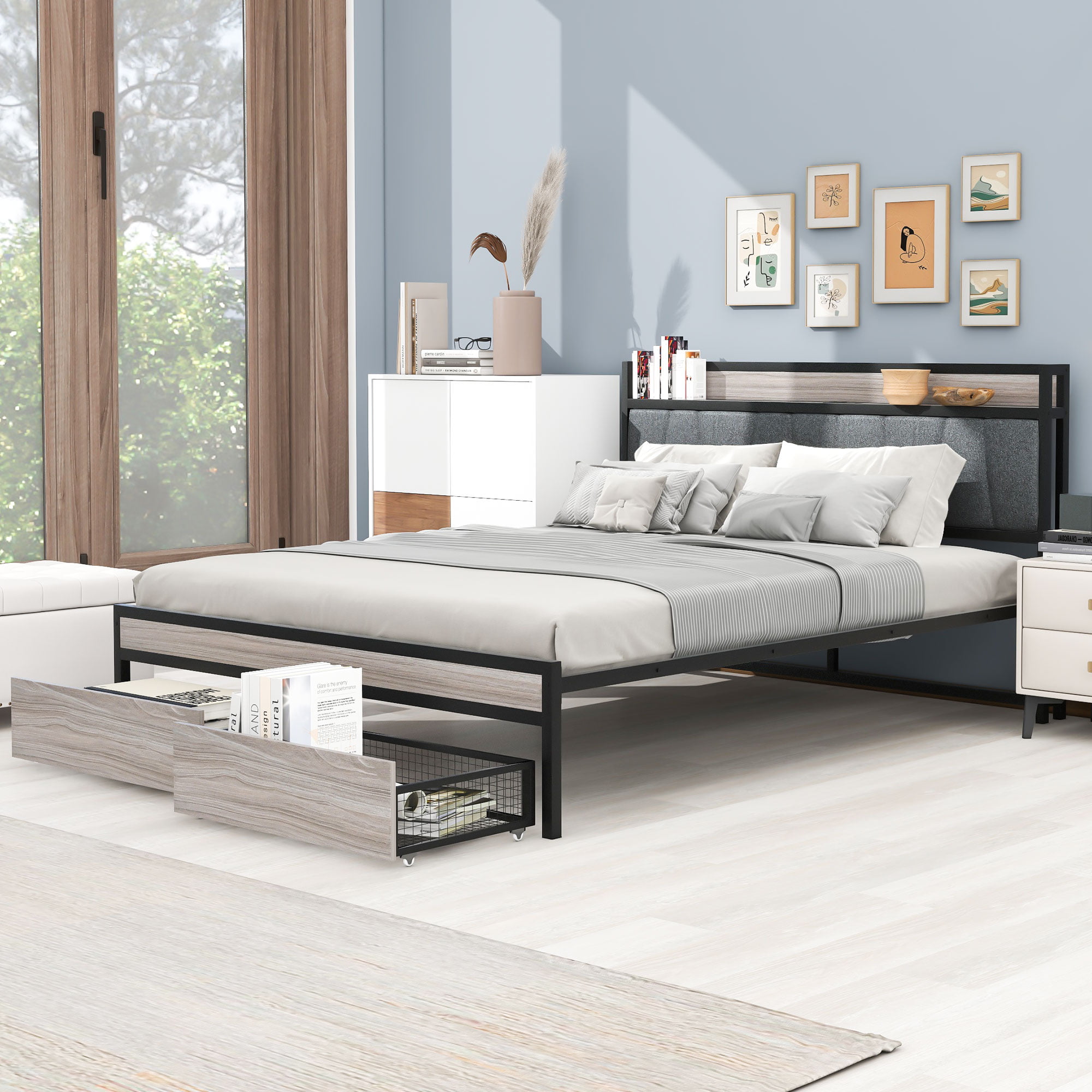 Queen Size Metal Platform Bed Frame With 2 Drawers, Upholstered Headboard Sockets, USB Ports And Slat Support
