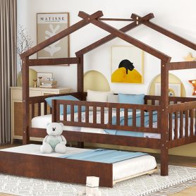 Wooden Twin Size House Bed With Rails and Twin Size Trundle