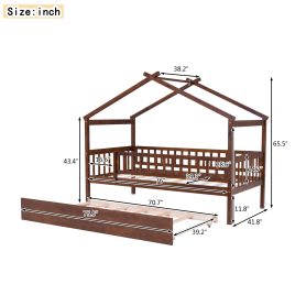 Wooden Twin Size House Bed With Rails and Twin Size Trundle
