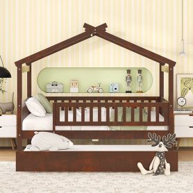 Wooden Full Size House Bed With Rails and Twin Size Trundle