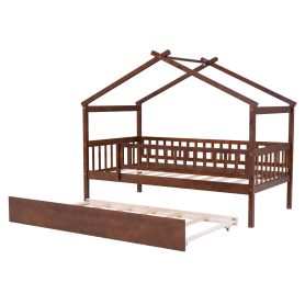 Wooden Twin Size House Bed With Rails and Twin Size Trundle