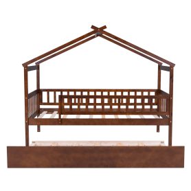 Wooden Twin Size House Bed With Rails and Twin Size Trundle