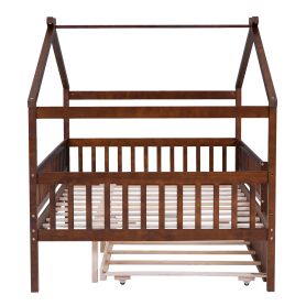 Wooden Full Size House Bed With Rails and Twin Size Trundle