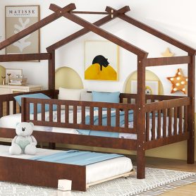 Wooden Twin Size House Bed With Rails and Twin Size Trundle