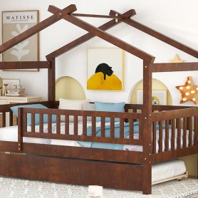 Wooden Twin Size House Bed With Rails and Twin Size Trundle