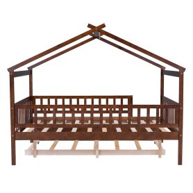 Wooden Full Size House Bed With Rails and Twin Size Trundle