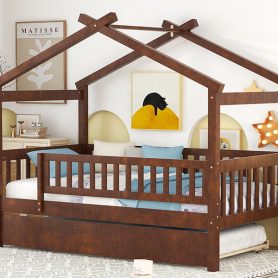 Wooden Twin Size House Bed With Rails and Twin Size Trundle