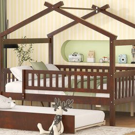 Wooden Full Size House Bed With Rails and Twin Size Trundle