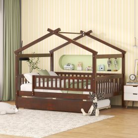 Wooden Full Size House Bed With Rails and Twin Size Trundle