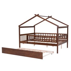 Wooden Full Size House Bed With Rails and Twin Size Trundle