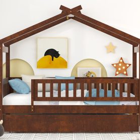 Wooden Twin Size House Bed With Rails and Twin Size Trundle