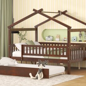 Wooden Full Size House Bed With Rails and Twin Size Trundle