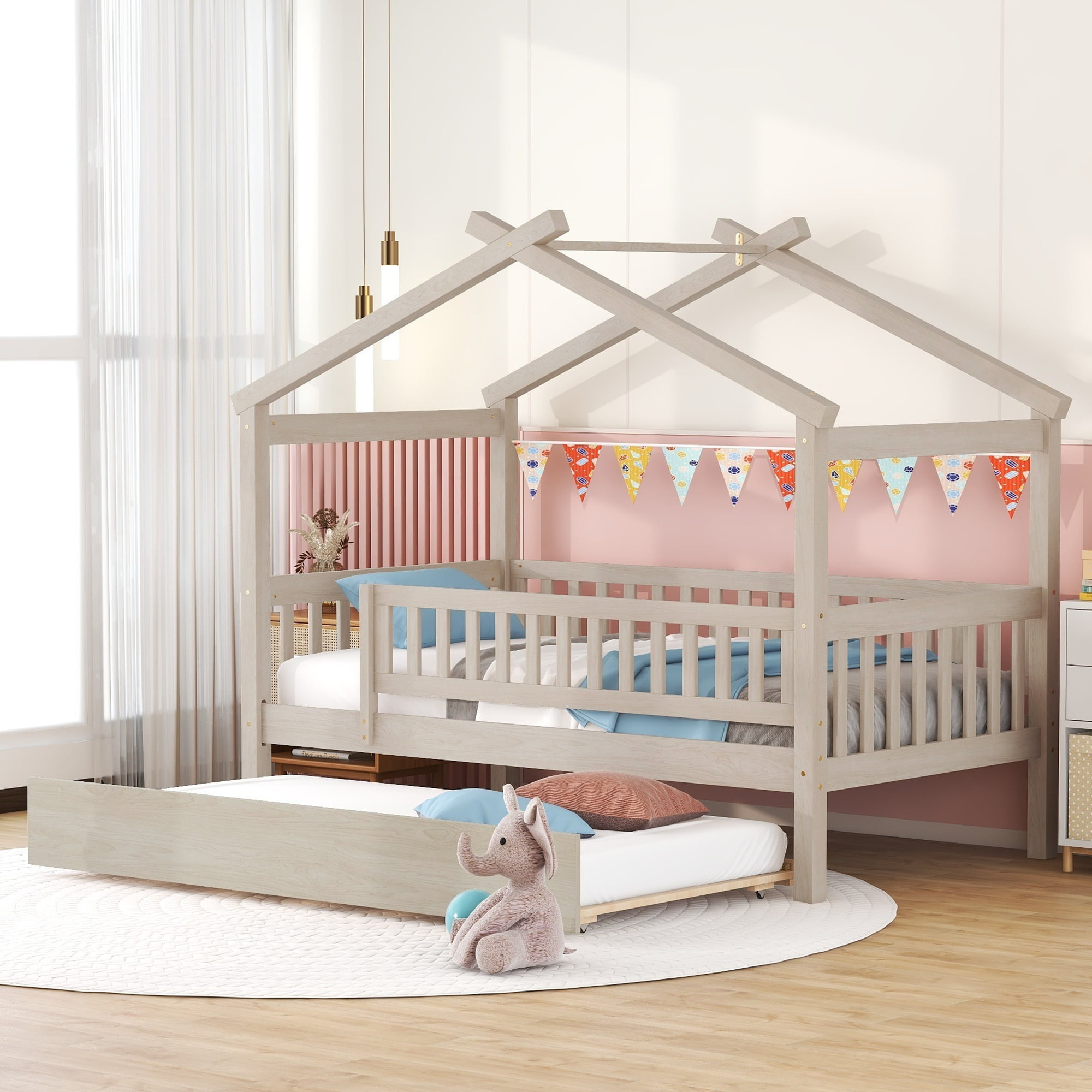 Wooden Twin Size House Bed With Rails and Twin Size Trundle