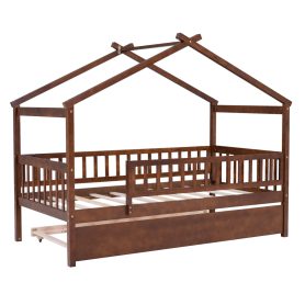 Wooden Twin Size House Bed With Rails and Twin Size Trundle
