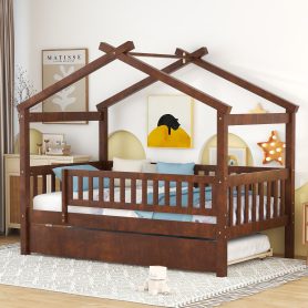 Wooden Twin Size House Bed With Rails and Twin Size Trundle