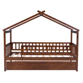Wooden Twin Size House Bed With Rails and Twin Size Trundle