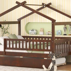 Wooden Full Size House Bed With Rails and Twin Size Trundle