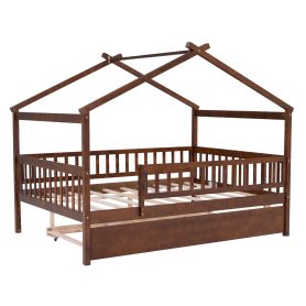 Wooden Full Size House Bed With Rails and Twin Size Trundle