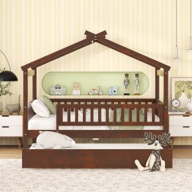 Wooden Full Size House Bed With Rails and Twin Size Trundle