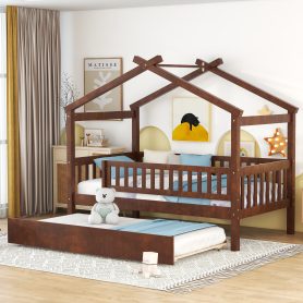 Wooden Twin Size House Bed With Rails and Twin Size Trundle