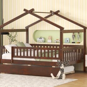 Wooden Full Size House Bed With Rails and Twin Size Trundle