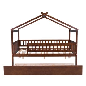 Wooden Full Size House Bed With Rails and Twin Size Trundle