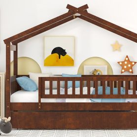 Wooden Twin Size House Bed With Rails and Twin Size Trundle