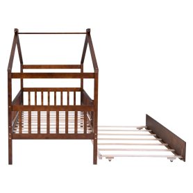 Wooden Twin Size House Bed With Rails and Twin Size Trundle