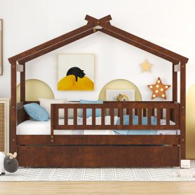 Wooden Twin Size House Bed With Rails and Twin Size Trundle