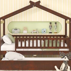 Wooden Full Size House Bed With Rails and Twin Size Trundle