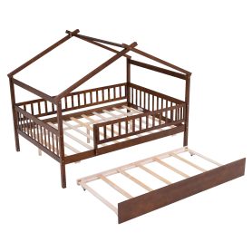 Wooden Full Size House Bed With Rails and Twin Size Trundle