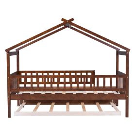 Wooden Twin Size House Bed With Rails and Twin Size Trundle