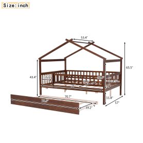 Wooden Full Size House Bed With Rails and Twin Size Trundle