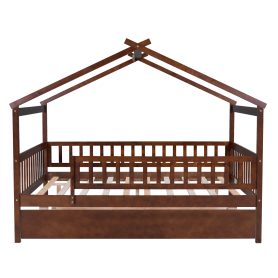 Wooden Full Size House Bed With Rails and Twin Size Trundle