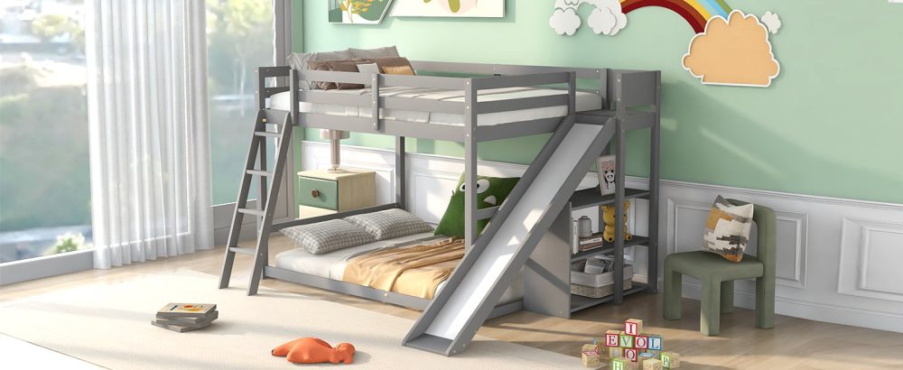 Full Over Full Bunk Bed With Ladder, Slide And Shelves - Cool Kids Bed