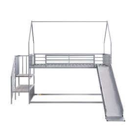 House Shape Twin Over Twin Metal Bunk Bed With Slide And Staircase