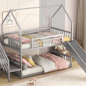 House Shape Twin Over Twin Metal Bunk Bed With Slide And Staircase