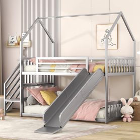 House Shape Twin Over Twin Metal Bunk Bed With Slide And Staircase