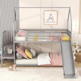 House Shape Twin Over Twin Metal Bunk Bed With Slide And Staircase