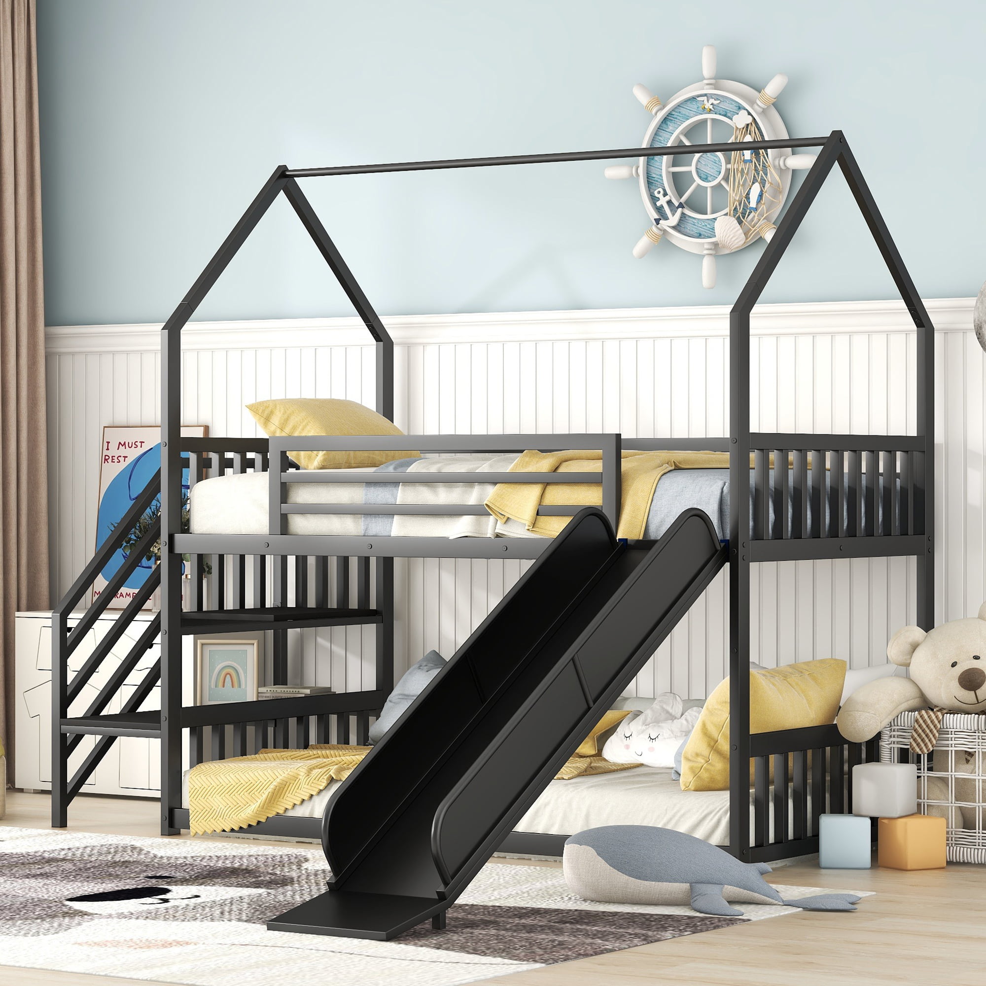 House Shape Twin Over Twin Metal Bunk Bed With Slide And Staircase