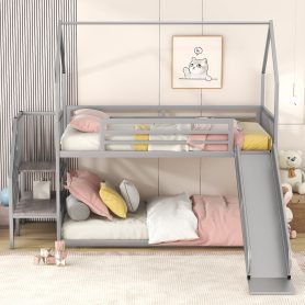 House Shape Twin Over Twin Metal Bunk Bed With Slide And Staircase