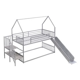 House Shape Twin Over Twin Metal Bunk Bed With Slide And Staircase