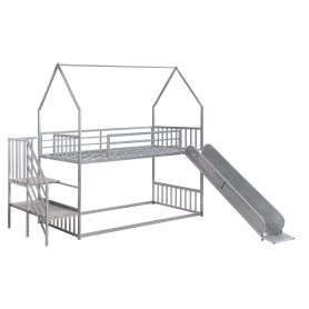 House Shape Twin Over Twin Metal Bunk Bed With Slide And Staircase