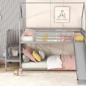 House Shape Twin Over Twin Metal Bunk Bed With Slide And Staircase