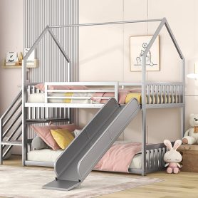 House Shape Twin Over Twin Metal Bunk Bed With Slide And Staircase