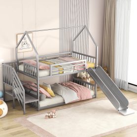House Shape Twin Over Twin Metal Bunk Bed With Slide And Staircase