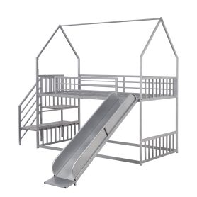 House Shape Twin Over Twin Metal Bunk Bed With Slide And Staircase